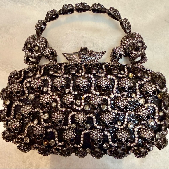 Charles Dary Embellished Swarovski Crystal Skulls and Wings Convertible Clutch